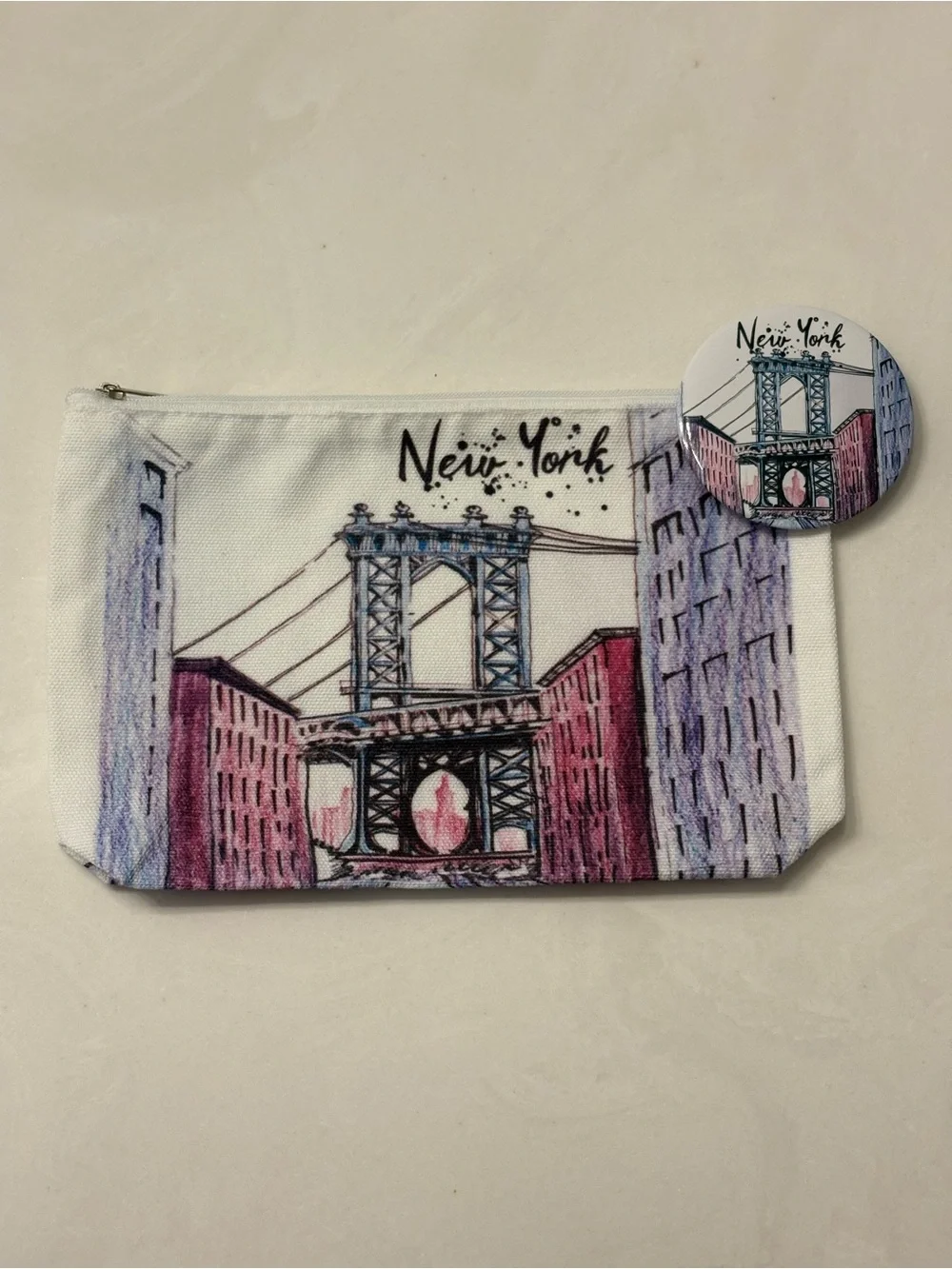NEW Cosmetics Makeup Bag Canvas New York City Manhattan Bridge Mirror Pouch